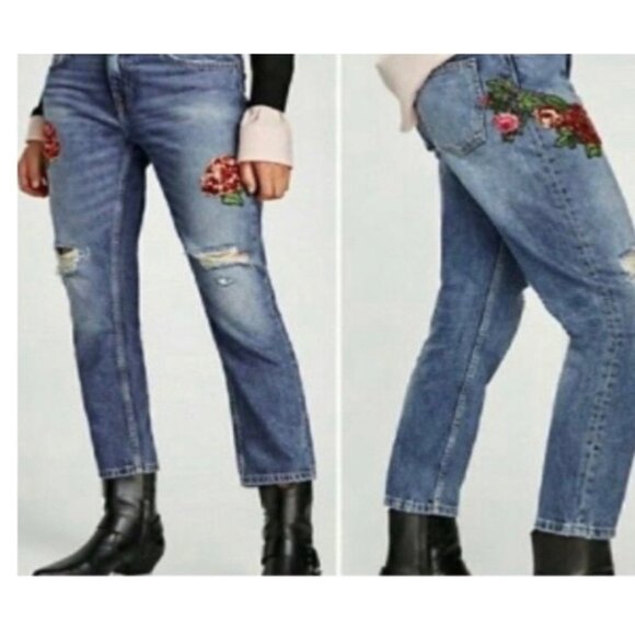 Zara Basic Floral Sequin Embroidered Jeans US 4 - Picture 2 of 12